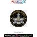 74th Armoured Regiment Pride Patch premium round poly satin military fabric patch featuring raised armoured gauntlet, stylised tracked vehicle emblem, prominent 74 number, Hindi motto Vijay Ya Veergati, black background and gold border