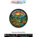 Round multicolor embroidered patch depicting adventure racing - athletes cycling, running, and kayaking in a sunrise mountain landscape - symbolizing endurance and teamwork.