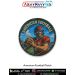 High quality American Football Patch featuring a detailed illustration of a quarterback player holding a football with vibrant sky background, merrow border stitching and premium printed fabric design suitable for jackets, bags and sports uniforms
