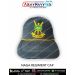 Premium Naga Regiment cap with yellow embroidered Mithun emblem and crossed spears on grey fabric representing the heritage and valour of the Naga warriors.