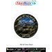 Round military heritage patch featuring the Arjun Main Battle Tank in camouflage finish against a snow-capped mountain landscape with the Steel of the Nation slogan, Indigenous MBT text, dark green outer ring, gold trim and black merrow border on premium