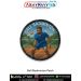 High detail Ball Badminton Patch showing an athlete in action on a clay court with racket, woolen ball, green surroundings, smooth printed fabric texture and sturdy merrow stitched border suitable for jackets, school bags, sports kits and collector displa