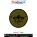 Round olive-drab patch featuring the Boeing 777 front-view silhouette with “BOEING 777” text and black merrow border. Available in 3-inch and 4-inch sizes with Sewn-On, Pin & Velcro (Hook) backing.