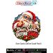 Dear Santa Define Good Christmas humour custom-shaped fabric patch showing smiling Santa Claus in sunglasses pointing at the viewer, holding a festive drink, with snowy trees, holly and Christmas decorations