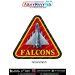 Falcons Fighter Aircraft Aviation Patch featuring a silver-grey delta-wing fighter jet with Indian tricolour roundels on a red triangular background with yellow lettering and black merrow border
