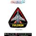 MiG-29 Fulcrum Fighter Aircraft Patch showing a silver-grey twin-engine fighter from above with Indian Air Force-style wing roundels, red-accented tail fins, black triangular background, red outline, bold yellow FULCRUM lettering and thick black merrow bo