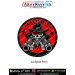 Gunfighter Skull Gunslinger Morale Patch featuring a menacing white skull with glowing red eyes, black cowboy hat marked 231, twin forward-facing revolvers, red crosshair graphic, GUNFIGHTER lettering and black merrow border on a round red background
