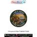 Premium round fabric patch featuring Kashi Vishwanath Temple, the sacred Ganga Aarti at Varanasi, the iconic Taj Mahal, and the words "I Am a Proud Uttar Pradeshi", celebrating the spiritual, cultural, and historical heritage of Uttar Pradesh.