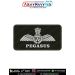 IAF Pegasus Patch featuring the Indian Air Force wings emblem and PEGASUS identification on military green printed fabric with a stitched border, designed for flight suits, flying overalls, uniforms, jackets, aviation collections, displays, and Indian Air