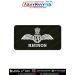 IAF Rhinos Patch featuring the Indian Air Force wings emblem and RHINOS squadron title on premium digital printed fabric with olive green merrow border, designed as an Indian Air Force squadron and unit identification patch for flying overalls, flight sui