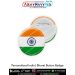 Personalised India Bharat tricolour button badge featuring saffron, white and green colours with blue Ashoka Chakra at the center. Round metal pin badge shown from front and back, with secure safety pin locking on the reverse. Ideal for patriotic wear, ev