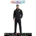 Indian Army tracksuit worn by a fit male model featuring black full sleeve jacket and matching track pants, front zip jacket with Indian Army inspired emblem on chest, athletic fit military style tracksuit suitable for training running gym and casual wear