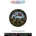 Indian Army Nation First Always First roundel patch featuring an Arjun main battle tank, Pinaka multi-barrel rocket launcher, artillery gun, military trucks, helicopters, Indian National Flag, Indian Army Flag and mountain battlefield background with blac