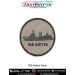 A high-quality digital printed circular patch featuring the silhouette of INS Aditya, the Indian Navy fleet support vessel, on a light grey background with a merrow border, designed for naval enthusiasts, collectors, bikers, trekkers, and adventure gear u