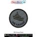 A high-definition digital printed circular patch featuring the silhouette of the Indian Navy amphibious warfare ship INS Airavat, displayed on a grey textured background with a black merrow border, designed for naval collectors, bikers, trekkers, and defe