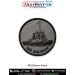 A round INS Balram patch showing a detailed tug style support vessel with visible deck fittings cabin mast and lifering sockets in muted grey tones on a textured light grey fabric background with curved navy text INS BALRAM along the lower edge and a soli