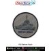 A round INS Balwan patch showing a detailed grey support vessel with deck rails cabin windows mast antenna and hull details placed on a textured light grey fabric background with bold navy text INS BALWAN along the lower curve and a strong black merrow bo