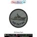 A round INS Betwa patch showing a detailed guided missile frigate with radar mast hull number F29 deck structures antenna arrays and shaded contours printed on a textured grey fabric background with bold navy text INS BETWA below and a reinforced black me