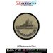 A round INS Brahmaputra patch showing a detailed guided missile frigate with radar mast turret deck structures hull contours and shading printed on a beige textured fabric background with curved navy text INS BRAHMAPUTRA below and a reinforced black merro
