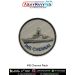 A round INS Chennai patch featuring a detailed guided missile destroyer with radar domes bridge superstructure hull contours and shaded deck elements printed on textured grey fabric with bold navy text INS CHENNAI along the bottom arc and a strong black m
