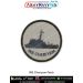 A round INS Chennai patch featuring a detailed guided missile destroyer with radar domes bridge superstructure hull contours and shaded deck elements printed on textured grey fabric with bold navy text INS CHENNAI along the bottom arc and a strong black m