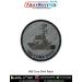 A round INS Chennai patch featuring a detailed guided missile destroyer with radar domes bridge superstructure hull contours and shaded deck elements printed on textured grey fabric with bold navy text INS CHENNAI along the bottom arc and a strong black m