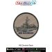 A round INS Chennai patch featuring a detailed guided missile destroyer with radar domes bridge superstructure hull contours and shaded deck elements printed on textured grey fabric with bold navy text INS CHENNAI along the bottom arc and a strong black m