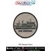A round INS Chennai patch featuring a detailed guided missile destroyer with radar domes bridge superstructure hull contours and shaded deck elements printed on textured grey fabric with bold navy text INS CHENNAI along the bottom arc and a strong black m