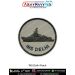 A round INS Chennai patch featuring a detailed guided missile destroyer with radar domes bridge superstructure hull contours and shaded deck elements printed on textured grey fabric with bold navy text INS CHENNAI along the bottom arc and a strong black m