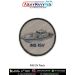 A round INS ISV patch showing a detailed inshore surveillance vessel with forward deck rails cabin wheelhouse masts and hull shading printed on textured light grey fabric with navy text INS ISV curved along the lower arc and a reinforced black merrow stit