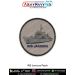 A round INS ISV patch showing a detailed inshore surveillance vessel with forward deck rails cabin wheelhouse masts and hull shading printed on textured light grey fabric with navy text INS ISV curved along the lower arc and a reinforced black merrow stit