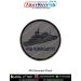 High detail INS Kavaratti Patch showing a digital printed silhouette of the Indian Navy Kamorta class ASW Corvette with accurate hull and mast detailing on premium fabric finished with a strong merrow border suitable for jackets uniforms biker vests tacti