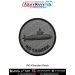 A round INS Khanjar patch displaying the fast attack craft silhouette printed on textured grey fabric with a reinforced black merrow stitched border and navy lettering INS KHANJAR along the lower arc, showing detailed hull lines, bridge and mast profile -