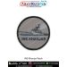 A round INS Khanjar patch displaying the fast attack craft silhouette printed on textured grey fabric with a reinforced black merrow stitched border and navy lettering INS KHANJAR along the lower arc, showing detailed hull lines, bridge and mast profile -