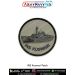 Round INS Koswari patch featuring the coastal patrol vessel silhouette printed on textured grey fabric with a reinforced black merrow border and navy lettering INS KOSWARI along the lower arc - detailed hull, deck equipment and mast profile visible, ideal