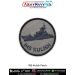 High resolution INS Kulish Patch showing a detailed digital printed silhouette of the Indian Navy patrol vessel INS Kulish with visible deck, mast and hull features on premium fabric finished with a durable merrow border - suitable for jackets, uniforms,