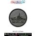 Round INS LCU L 52 patch showing the landing craft utility silhouette on a textured grey fabric background with a reinforced black merrow border and bold lettering INS LCU L 52 - detailed hull, superstructure and ramp profile visible, ideal for jackets, b