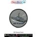 High quality digital printed INS Manohar Patch featuring the detailed silhouette of the Indian Navy auxiliary vessel INS Manohar with visible cabin, deck and bow structure, printed on durable fabric with a strong merrow stitched border, ideal for jackets,
