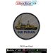 "INS Puran Patch showing detailed artwork of the Indian Navy fleet tanker auxiliary vessel in yellow and black illustration, round embroidered style patch with merrow border and grey background, designed for jackets uniforms rucksacks tactical gear and na