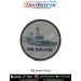 INS Savitri Patch showing an illustrated Sukanya-class patrol vessel of the Indian Navy with detailed mast and hull structure, round merrow border patch on grey background designed for jackets uniforms tactical bags biker gear collectors and maritime enth