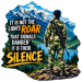 Lion's Roar Is Silence Military Motivational Patch featuring a camouflage-clad soldier viewed from behind, standing on a rocky mountain viewpoint with a rifle carried across his back. The soldier overlooks a dramatic landscape of snow-covered blue mountai