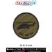 Round olive-drab tactical patch showing the silhouette of the Mil Mi-24 Hind attack helicopter with a black merrow border. Available in 3-inch and 4-inch diameters with Sewn-On, Pin & Velcro (Hook) backing.