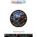 Round Mountain Rescue fabric patch featuring a professional rescuer performing a technical rope rescue of an injured climber on a steep mountain cliff with alpine peaks, rescue stretcher, mountain rescue emblem, medical symbols, heartbeat icons, and the s