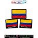 Colombia national flag embroidered patch collection featuring a standard flag patch, a personalized name patch with 'Juan Martínez', and a customized flag patch with 'María López' and blood group 'A+VE', all with black merrow borders, displayed with ArmyN
