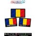 Romania national flag embroidered patch collection featuring a standard flag patch, a personalized name patch with 'Andrei Popescu', and a customized flag patch with 'Maria Ionescu' and blood group 'AB+VE', all with black merrow borders, displayed with Ar