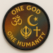 One God One Humanity circular printed patch featuring Om, Crescent and Star, Khanda and Christian Cross symbols in gold on a camouflage background with a black merrow border representing peace, unity and interfaith harmony.