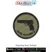 High-quality Pistol Auto 9mm 1A patch showing a detailed black pistol silhouette on olive tactical fabric with a sturdy black merrow border and visible weave texture, perfect for firearm collectors, range shooters, tactical professionals, and enthusiasts