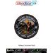 Premium round Railway Trackman fabric patch featuring a railway maintenance worker inspecting railway tracks with a flashlight while a locomotive waits in the background, railway track and train symbols on both sides, the centre banner Inspecting Railway