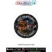 Premium round Road Maintenance fabric patch featuring road workers repairing potholes at night using asphalt and maintenance equipment, with illuminated work vehicles, traffic cones, and city lights in the background, surrounded by road safety symbols and