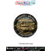 Round T-90S Bhishma Main Battle Tank patch featuring a desert tan battle tank during a ceremonial parade, Unbreakable Unmatched text, dark green outer ring, gold stars, gold trim and black merrow border.